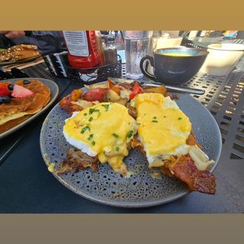 The Crema Cafe - Half of Persian and Half Carnitas Benedict - Bakeries Near Me - Seal Beach, California