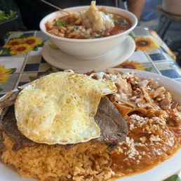 Chilaquiles with asada and Menudo Chilaquiles with asada and Menudo