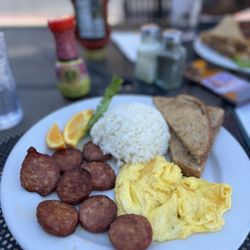 Peg's Glorified Ham n Eggs - Portuguese sausage, eggs, and rice w/ wheat toast