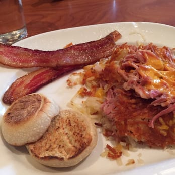 Blue's Egg + Bakery - "Brown" -aka hash browns stuffed with ham and cheese, side of bacon and house made English muffin - Breakfast & Brunch Near Me - Milwaukee, Wisconsin