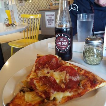 Hillside Pizza - A slice of mushroom, artichoke and pepperoni pizza with a Boylan soda - Pizza Near Me - Bernardston, Massachusetts