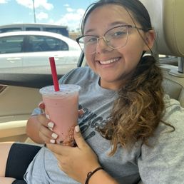 Strawberry cream milky tea with extra boba Delicious Strawberry cream milky tea with extra boba Delicious