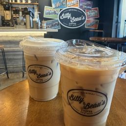Iced vanilla latte with cold foam (left) Iced Caramel Latte w/ oat milk (right)