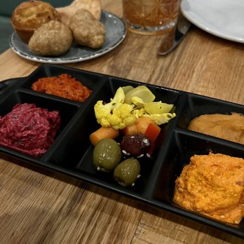 AMBAR Restaurant, Clarendon - Mezze with dips, House-Made Pickled Vegetables, olives, Bread - Modern European Near Me - Arlington, Virginia