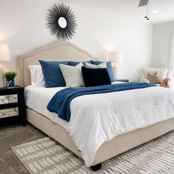 Cozy Corners - Bedroom with blue and white bedding - Home Staging Near Me - Tempe, Arizona Cozy Corners - Bedroom with blue and white bedding - Home Staging Near Me - Tempe, Arizona