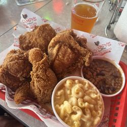 Champy's Famous Fried Chicken - Half Chicken Plate with Mac and Cheese and baked beans