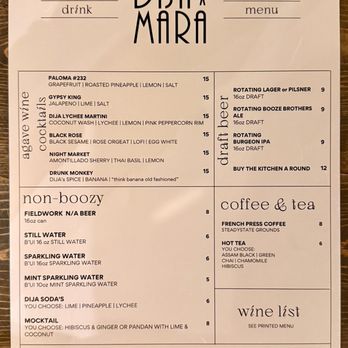 Dija Mara - Drink and cocktail menu as of March 2026 - Indonesian Near Me - Oceanside, California