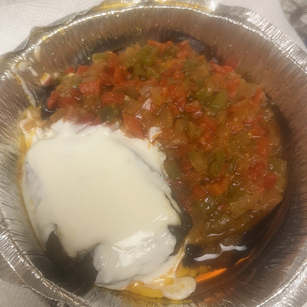 Patlican kizartma (deep fried eggplant w/ green peppers served with tomato sauce and garlic yogurt
