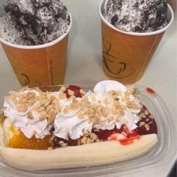 Oreo Cyclones (Vanilla Soft Serve with Oreos) and Banana Split.