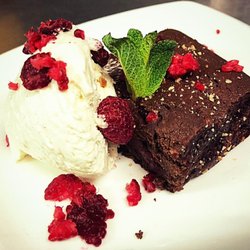 Amrutha Lounge - Chocolate and raspberry brownie with vanilla ice cream