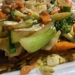 Yummi House - Close up of the veggies and pork on the egg foo young