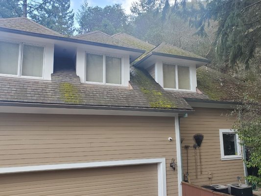 Roof debri and Moss removal package - This was a 2 story home with a steep pitch and quite a bit of moss. With 2 guys harnessed and roped up with the right equipment it turned into a full day of scraping. We used leaf blowers to clear away moss and debri after the initial removal. This home had gutter guards so I blew out the gutters to insure proper drainage. Beautiful home, clean and maintained roof & gutters. Roof debri and Moss removal package - This was a 2 story home with a steep pitch and quite a bit of moss. With 2 guys harnessed and roped up with the right equipment it turned into a full day of scraping. We used leaf blowers to clear away moss and debri after the initial removal. This home had gutter guards so I blew out the gutters to insure proper drainage. Beautiful home, clean and maintained roof & gutters.
