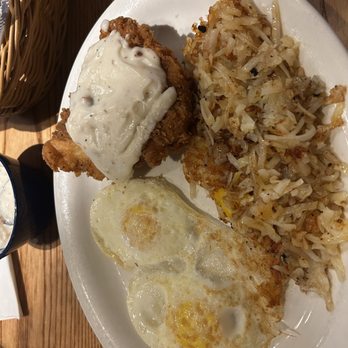 Cracker Barrel Old Country Store - Country fried chicken, with a side of plain hash browns and 2 over medium eggs - American Near Me - Amarillo, Texas Cracker Barrel Old Country Store - Country fried chicken, with a side of plain hash browns and 2 over medium eggs - American Near Me - Amarillo, Texas