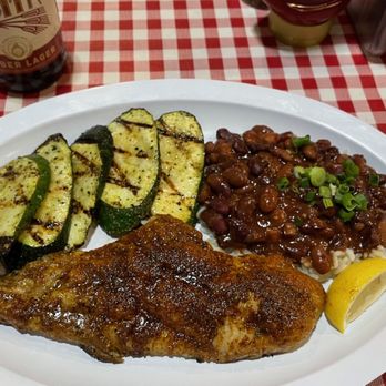 Cajun Fish Grill - Grilled blacked catfish with zucchini, rice and beans - superb! - Cajun/Creole Near Me - McKinney, Texas