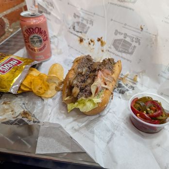 Jim's South St - Half (split) cheesesteak with added lettuce and tomato, side of hot peppers, bbq chips and diet Dr. Browns Cherry soda - Sandwiches Near Me - Philadelphia, Pennsylvania