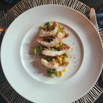 Sage - Rosé Poached Langoustine Tail and Summer Succotash with Pancetta and Fennel Pollen(GF) - New American Near Me - Sarasota, Florida Sage - Rosé Poached Langoustine Tail and Summer Succotash with Pancetta and Fennel Pollen(GF) - New American Near Me - Sarasota, Florida