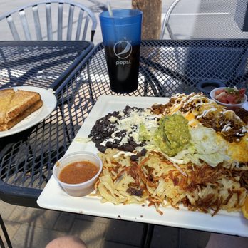 Gloria’s Cafe - Huge plate of food! This is the chorizo omelette, hash browns, black beans, and toast. - Breakfast & Brunch Near Me - Reno, Nevada