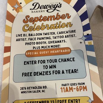 Dewey's Bakery - a flyer for the event - Desserts Near Me - Winston-Salem, North Carolina Dewey's Bakery - a flyer for the event - Desserts Near Me - Winston-Salem, North Carolina