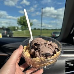 Death by chocolate in a waffle bowl.