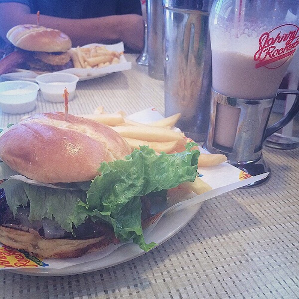 Johnny Rockets - Spicy Houston Burger with Bacon + Hershey Chocolate Shake. - Diners Near Me - Reno, Nevada Johnny Rockets - Spicy Houston Burger with Bacon + Hershey Chocolate Shake. - Diners Near Me - Reno, Nevada