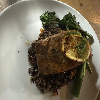 Indigo Crow - Atlantic Salmon with wild rice pilaf, broccolini, savory herb butter - American Near Me - Corrales, New Mexico