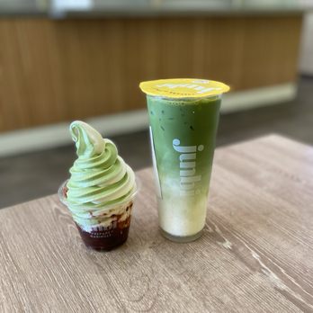 Junbi Matcha & Tea - Irvine - Matcha Vanilla Swirl Soft Serve with red bean (left) / Matcha Latte (right) - Bubble Tea Near Me - Irvine, California Junbi Matcha & Tea - Irvine - Matcha Vanilla Swirl Soft Serve with red bean (left) / Matcha Latte (right) - Bubble Tea Near Me - Irvine, California