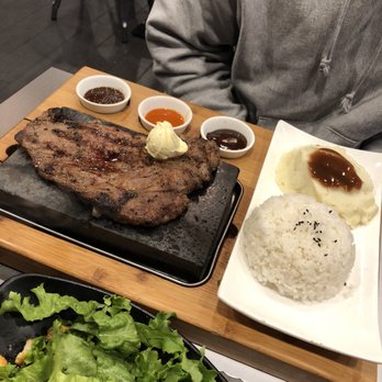 Red Flame - Sirloin Steak on Lava Stone w/ rice and mashed potatoes - Hot Pot Near Me - Westminster, California
