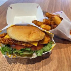 TKK Fried Chicken - Deluxe chicken sandwich with sweet potato fries