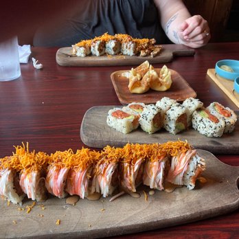 Miya Izakaya - Spicy salmon roll, dragon roll, cheese wontons, sweet potato roll - Izakaya Near Me - Wichita, Kansas Miya Izakaya - Spicy salmon roll, dragon roll, cheese wontons, sweet potato roll - Izakaya Near Me - Wichita, Kansas