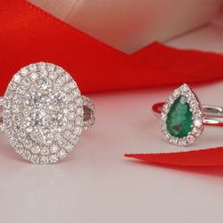 Atlanta Diamond Design - Oval cluster diamond ring and pear-cut emerald and diamond halo ring
