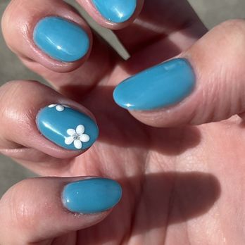Jeanne's Nail Spa - Sky blue nails with white flower design - Nail Salons Near Me - Milpitas, California