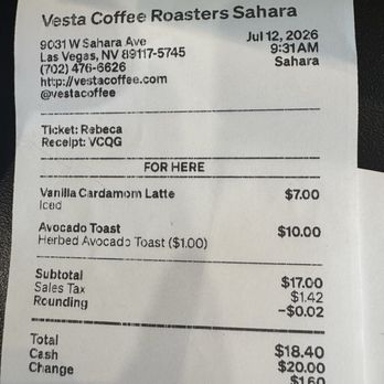 Vesta Coffee Roasters - Receipt - Coffee & Tea Near Me - Las Vegas, Nevada