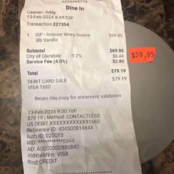 One Stop Nutrition - a receipt for a meal - Vitamins & Supplements Near Me - Glendale, Arizona