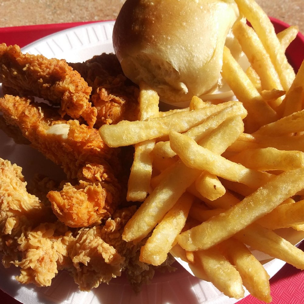 7 piece tenders, half regular and half spicy with fries and a roll $10.99