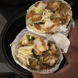 View of the inside of the humongous chicken Caesar wrap View of the inside of the humongous chicken Caesar wrap
