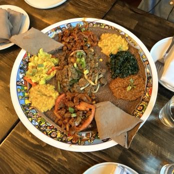 Ethio Kitchen & Coffee - Lamb, beef tips, veggie combo and injera - Ethiopian Near Me - Los Angeles, California