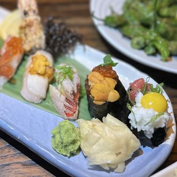 Doraku Sushi Kapolei - Amaebi, Hotate/UniButter, Kinmedai, Uni/Ikura, Negitoro/Quail Egg - from Omakase 8 (10/10!!) - Sushi Bars Near Me - Kapolei, Hawaii Doraku Sushi Kapolei - Amaebi, Hotate/UniButter, Kinmedai, Uni/Ikura, Negitoro/Quail Egg - from Omakase 8 (10/10!!) - Sushi Bars Near Me - Kapolei, Hawaii