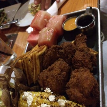 Mill Street Brew Pub - Chicken and waffles with pickle watermelon and corn.. Enough for three people - Brewpubs Near Me - Toronto, Ontario Mill Street Brew Pub - Chicken and waffles with pickle watermelon and corn.. Enough for three people - Brewpubs Near Me - Toronto, Ontario