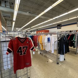 View of racks of clothing.