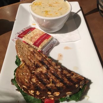 Binkleys Kitchen & Bar - Pick 2- broccoli cheddar soup and the mushroom/spinach/onion panini (came with crackers) - American Near Me - Indianapolis, Indiana