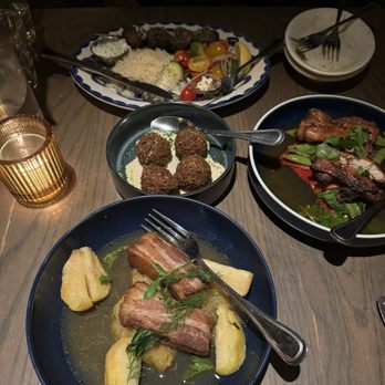 Aba - From top left to right: Kababs, Heirloom Crispy Chicken Thigh, Crispy Pork Belly, Green Falafel - Mediterranean Near Me - Austin, Texas Aba - From top left to right: Kababs, Heirloom Crispy Chicken Thigh, Crispy Pork Belly, Green Falafel - Mediterranean Near Me - Austin, Texas