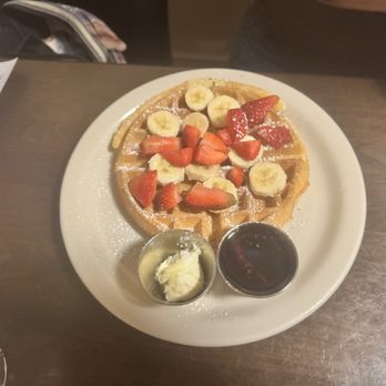 Brick & Mortar Cafe - Belgium waffle. Wife said it was delicious and crispy. - Breakfast & Brunch Near Me - Albany, Oregon