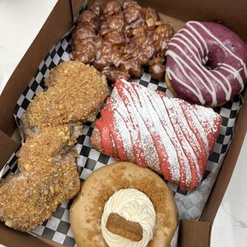 Crafted Donuts - Assorted Donuts - Vanilla Crumb Twist, Strawberry Pop Tart, Blueberry Cream Cheese, Banana Cream Pie, and Apple Fritters - Donuts Near Me - Fountain Valley, California