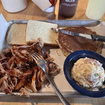 Martin's Bar-B-Que Joint - Pork shoulder tray with potato salad and cornbread hoecake - Barbeque Near Me - Nolensville, Tennessee Martin's Bar-B-Que Joint - Pork shoulder tray with potato salad and cornbread hoecake - Barbeque Near Me - Nolensville, Tennessee