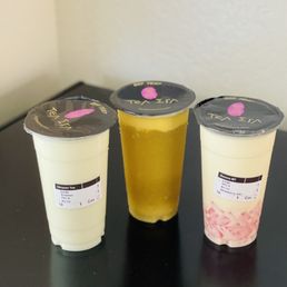 Chrysanthemum Milk Tea, Mountain Jade Tea Brulee, & Banana Milk Tea with Strawberry Jelly Chrysanthemum Milk Tea, Mountain Jade Tea Brulee, & Banana Milk Tea with Strawberry Jelly