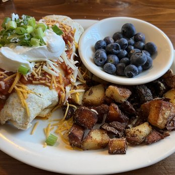 Brother Juniper's - CHORIZO SAUSAGE BURRITO, HOME FRIES, SIDE OF BLUEBERRIES - Breakfast & Brunch Near Me - Memphis, Tennessee