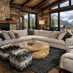 Custom mountain modern sectional sofa and accent chairs designed for Colorado mountain homes, ski retreats, and Denver living.