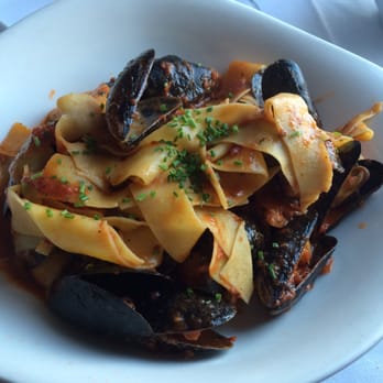 La Plage Wading River - Pappardelle pasta with mussels, shrimp, and bay scallops (can also come with chorizo sausage but I ordered without). - French Near Me - Wading River, New York