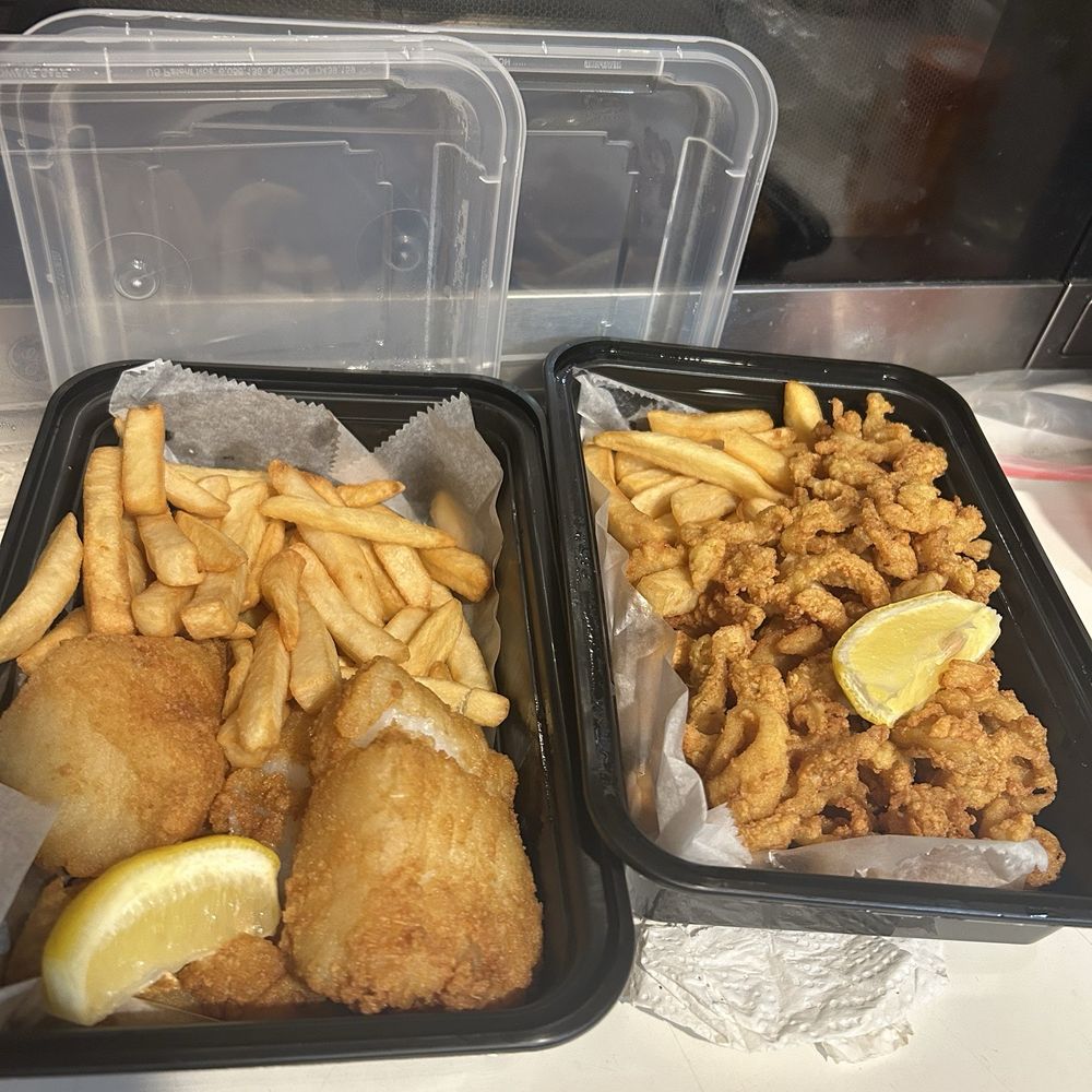 14.99 fish and chips / clam strip platter .. 14.99 fish and chips / clam strip platter ..