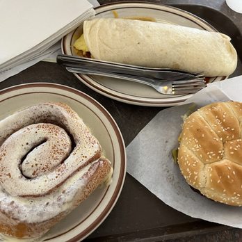 Breakfast Burrito, Frontier Sweet Roll, green chile Cheeseburger